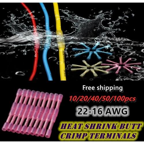 50/100PCS Wire Terminal Heat Shrink Butt Crimp Terminals Insulated Red Waterproof Seal Wire Connectors 22-16 AWG Free Shipping