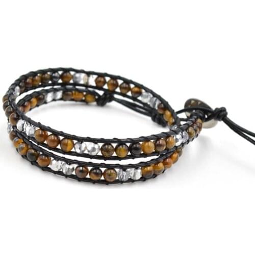 Tiger Eye Leather Wrap Bracelets Match Faceted Crystal Beads Braided Natural Stone Boho Bracelet Accessories Female and Femme