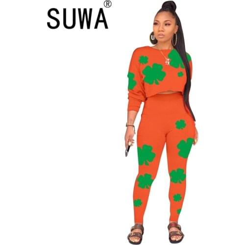 Clover Printed Workout Tracksuit Women 2 Piece Set Long Sleeve Spring Autumn Top And Skinny High Waist Pants Fitness