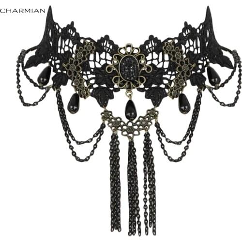 Charmian Vintage Gothic Victorian Lace Tassels Choker Necklace Accessories