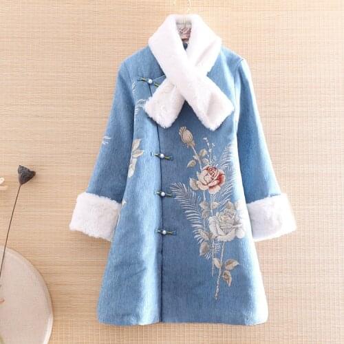 High-end Winter Women Fur Collar Coat Top Chinese Style Retro Jacquard Floral Elegant Loose Lady Warm Trench Coat Female S-XXL