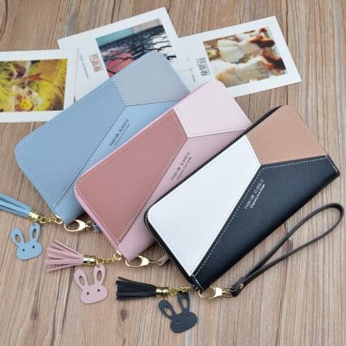 Weysfor Geometric Women Wallets with Zipper Phone Pocket Purse Card Holder Patchwork Women Long Wallet Lady Tassel Coin Purse