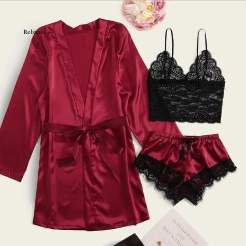 Women Plus Size Pajamas Sets Ladies Satin Sleepwear Silk 3 Pieces Sets Nightwear Pyjama Spaghetti Strap Lace Lounge Sets Pijama