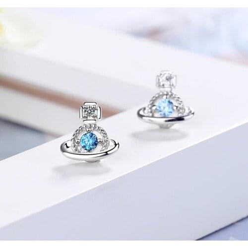 KOFSAC New Sweet 925 Sterling Silver Earrings Girl Jewelry Crystal Blue Zircon Planet Stud Earrings Women Wedding Accessories