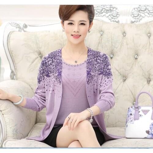 Women Knit Suits Elegant Floral Printed Cardigan Two Pieces Female Knitwear Clothes Twin Sets