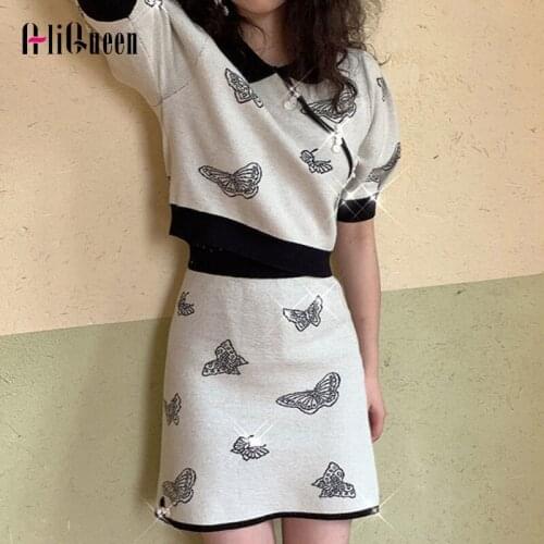 2020 Summer White Women 2 Piece Set Vintage Knitted Butterfly Pullover Crop Top + Mini Skirt Set Matching Sets Club Outfits