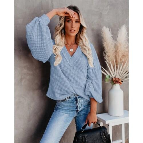 Women Knitted Sweater Fashion Casual Loose Solid Color Patchwork Design V-Neck Long Lantern Sleeve Pullovers Tops Spring Autumn