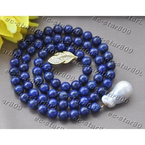 25" 25mm Blue Round Lapis Lazuli Bead White KESHI Pearl Necklace Pendant Z11165