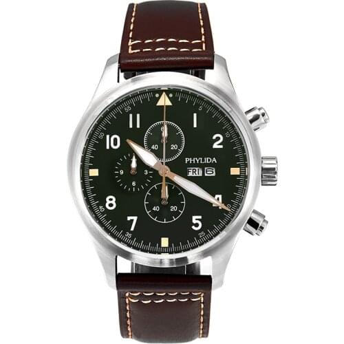 5ATM MIYOTA 45mm Pilots Watch Green Dial 3EYES Chronograph Day/Date Full Luminous Domed Sapphire Crystal Leather Strap PHYLIDA