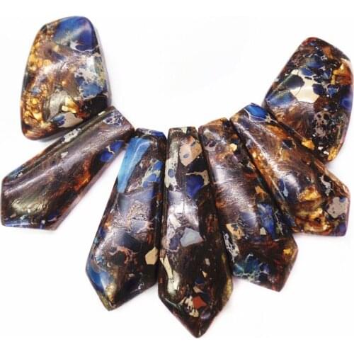 7Pcs/set 45x15x6mm-27x20x7mm Wholesale Blue And Gold Sea Sediment Jasper & Pyrite Shield Pendant Bead S50