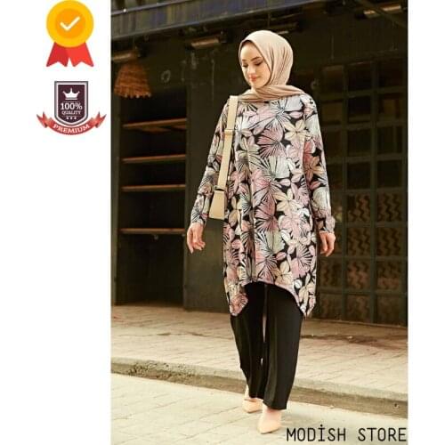 Crew-Nec Asymmetric Flowerd Muslim Woman Set |Tunic Pants| Ramadan Dubai Abaya Turkey Muslim Clothes Hijab Islam Suit