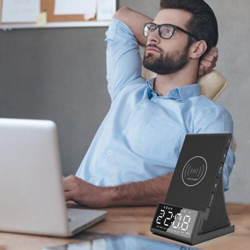 Digital Alarm Clock Wireless Bluetooth Speaker Clock With FM Radi Double Alarm Clock Function Snooze Function Wireless Charging