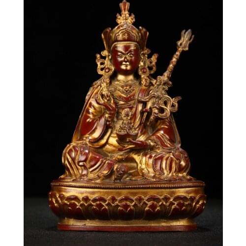 Home Decor 8" Tibet Buddhism Temple Old Bronze Lacquer Cinnabars Padmasambhava statue Lotus metaplasia Indian Buddhism
