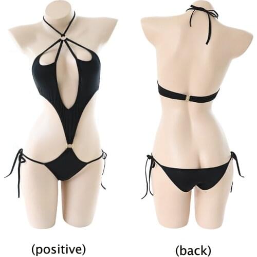 Exotic Hollow Perspective Bra Thong Set Sling Halter Sexy One-piece Sexy Bikini Kawaii Ladies Underwear Womens Erotic Lingerie