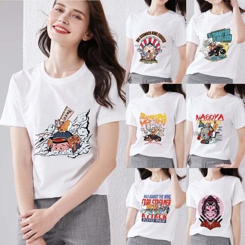 Womens T-shirt Summer Casual Top Fashion Japanese Anime Mask Harajuku Pattern Printing Series Slim Soft O-neck Vogue Ladies Top