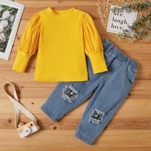 2-piece Baby / Toddler Solid Top and Denim Pants Set