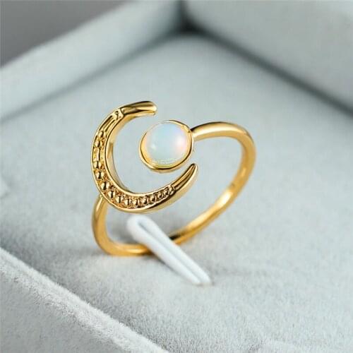 Cute Female White Moonstone Thin Ring Charm Yellow Gold Color Wedding Rings For Women Promise Moon Adjustable Engagement Ring