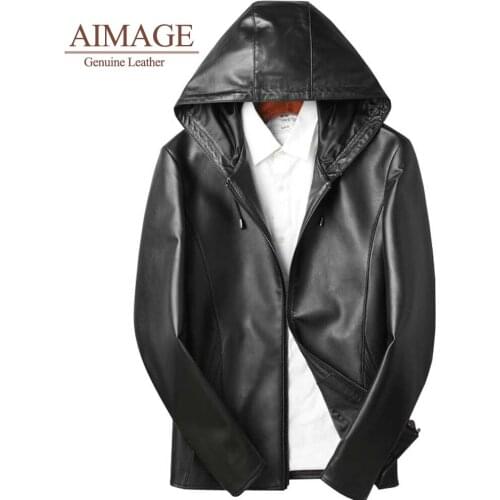 Mens Leather Jacket Spring and Autumn Slim Sheepskin Soft Clothes men Hooded Black Genuine Leather Business Coat PY078