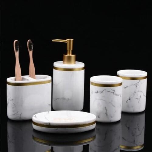 White Bathroom Accessories Set 5pcs Resin Bathroom Set with Marble Design Lotion Bottle Toothbrush Holder Tumbler Soap Dish