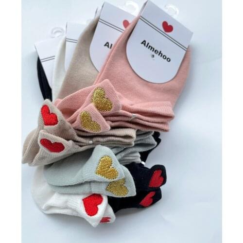 5 Pairs Pack Short Socks Korea Style Womens Set Cute Chausettes With Hearts Pink Female Ankle Sock Cotton Meias Kawaii