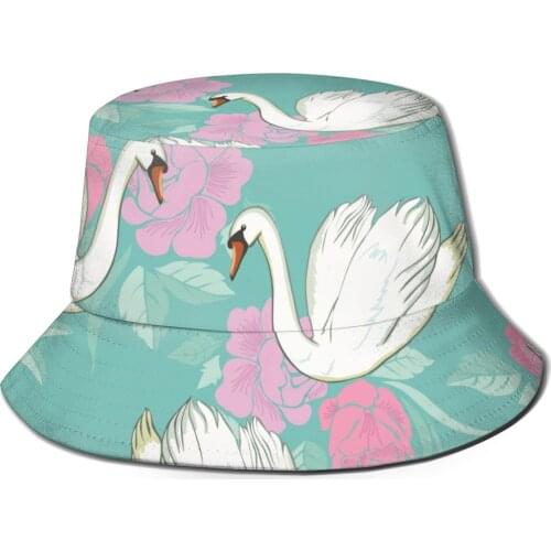 CINESSD Elegant Swan With Pink Flowers Bucket Hat Summer Hats Fisherman Hat Foldable Women Men Sunscreen Shade Caps