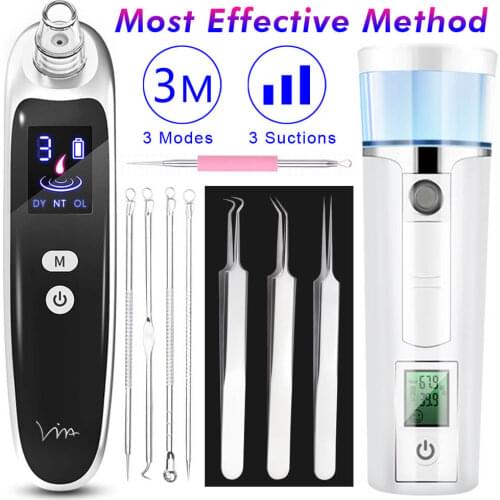 Blackhead Remover Face Vacuum Suction Pore Acne Needle Tweezer Extractor Nose Skin Cleaner Massager Tools SPA Facial Steamer Set