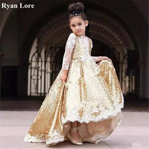 Sequined Gold Flower Girl Dresses 2020 Long Sleeves Princess Dress For Weddings Special Occasion Gowns Pageant Dress Appliques