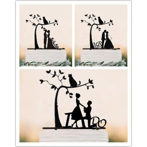 Bride and Groom Kissing Under the Tree with a Cat Silhouette Cake Topper Acrylic Mr & Mrs Wedding Cake Topper I DO Topper