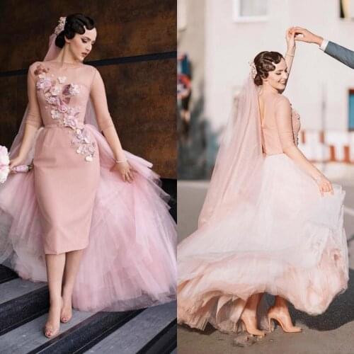 Blush Pink Short Wedding Dresses With Tulle Detachable Train 2017 Summer Sheer Neck Half Long Sleeve Sheath Applique Bridal Gown