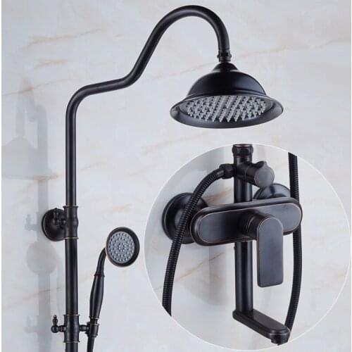 Bath and Shower Mixers 8" Rainfall Shower Faucet Set Wall Mounted With Hand Shower Black Oil Brass Bathroom Rain Shower Taps