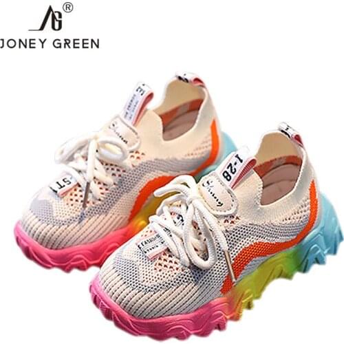 Spring Children Sprots Shoes Girls Breathable Knit Lace Up Sneakers Baby Boys Thicken Rainbow Soles Soft Non Slip Casual Shoes