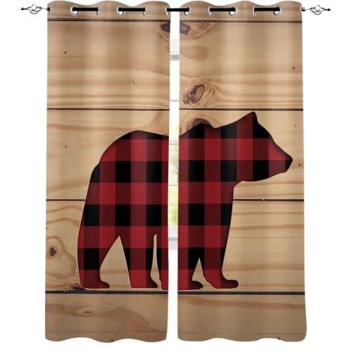 Red Plaid Bear Wood Blackout Curtains For Living Room Bedroom Window Treatment Blinds Drapes Kitchen Curtains