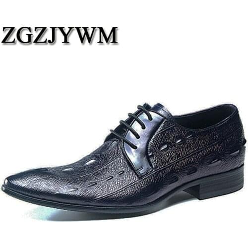 ZGZJYWM New Fashion Black/Blue Spring/Autumn Lace-Up Pointed Toe Crocodile Pattern Genuine Leather Flat Man Wedding Dress Shoes