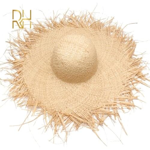 RH Natural Raffia Women Straw Sun Hats Large Wide Brim New Stylish Handmade Gilrs Beach Caps For Holiday