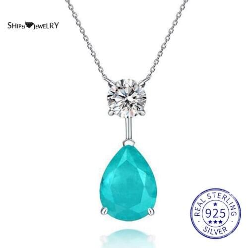 Shipei 925 Sterling Silver Paraiba Tourmaline Created Moissanite Gemstone Wedding Engagement Fine Jewelry Pendant Necklace