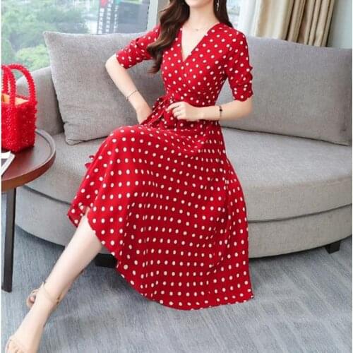 High Qualily V Neck Red Dot Loose Dresses Short Sleeve chiffon dress summer womens new Casual Large Size Midi Dress