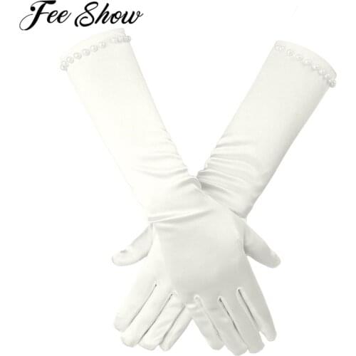 1 Pair Childrens Long White Gloves Girls Classic White Pearls Beading Gloves Mittens Kids Flower Girl Dresses Party Gloves