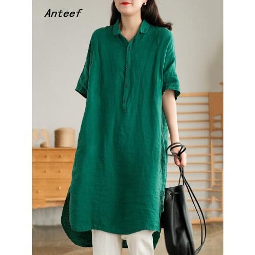 Anteef short sleeve cotton linen vintage dresses for women casual loose midi woman summer dress elegant clothes 2021