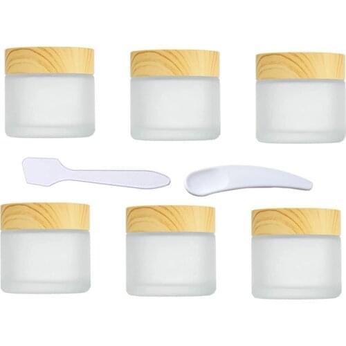 6pcs Frosted Glass Cream Jars 50g with Wood Grain Lid Cosmetic Containers cream packaging for Lotion Face Eye Cream Lip Balm