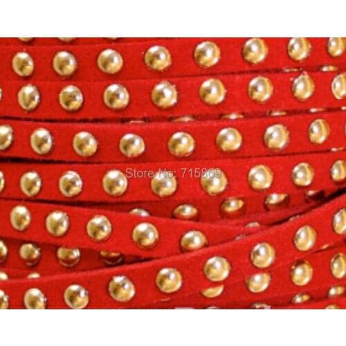 Free Ship 100 Meters Red 5 x1.5mm Microfiber Flat Faux Suede Leather Lace Cord w/ Gold Rivet Accents