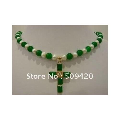 Free Shipping>>>white pearl &Green jade cross pendant necklace