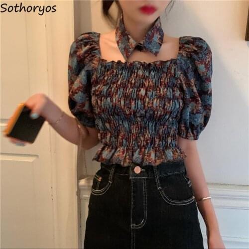 Blouses Women Square Collar Floral Printed Crop Tops Puff Sleeve Casual Korean Retro Stylish Slim Pleated Shirts Sweet Girls New