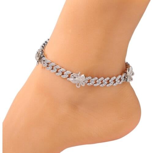 Iced Out Butterfly Ankle Bracelet 9mm Gold Cuban Link Chain Women Hip Hop Diamond Body Jewelry Crystal Anklet