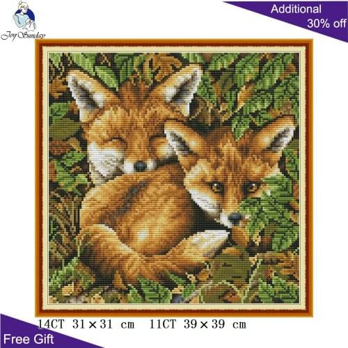 Joy Sunday Two Fox Home Decor DA380 14CT 11CT Stamped Counted Cute Baby Fox Animal Needlework Cross Stitch Kit
