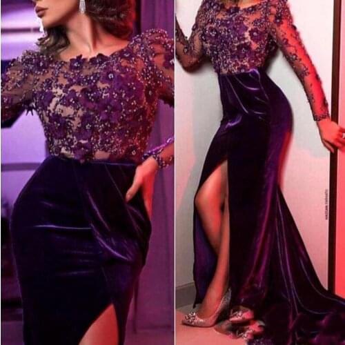 Long sleeve prom dresses 2020 hand made flowers front slit mermaid velvet evening dresses purple beaded evening gowns