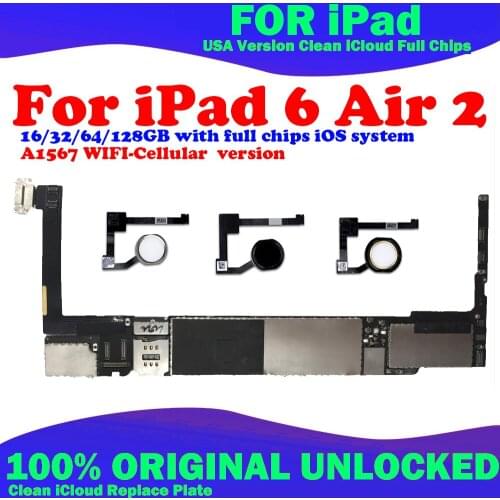 A1567 Motherboard For ipad 6 Air 2 mainboard Logic board Unlocked with touch id Wifi cellular 16gb 32gb 64gb 128gb with iOS