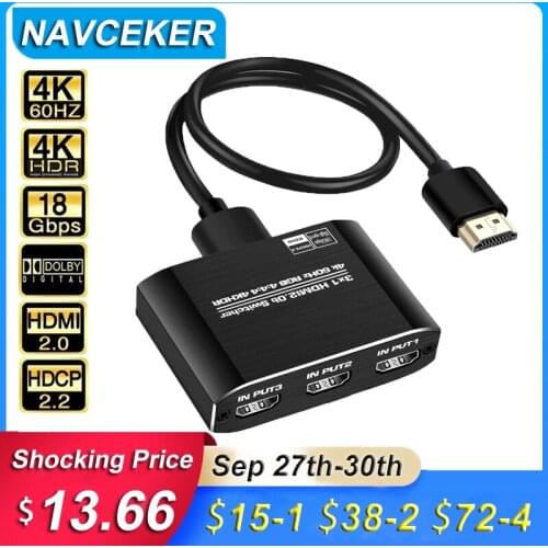Navceker 4K 60Hz Mini 3 Port HDMI Switch 2.0 4K Switcher HDMI Splitter 1080P HDR 3 in 1 out Port Hub for DVD HDTV Xbox PS3 PS4
