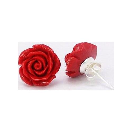 Fashion Jewelry 10mm Coral Red Rose Flower 925 Sterling Silver Earrings