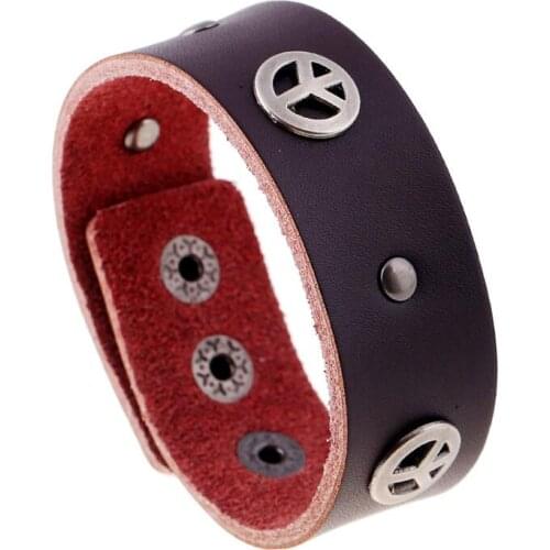 Fashion Vintage Alloy Peace Charm Genuine Leather Bracelet Cuff Adjustable Bangle Buckle Wristbands Biker Women Men Punk Jewelry