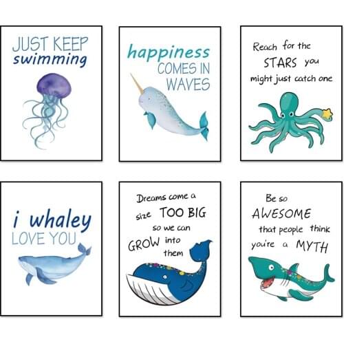 Marine Life Dolphin Jellyfish Sea Turtle Canvas Painting Cartoon Kawaii Print Wall Art Decor For Kindergarten Children Bedroom